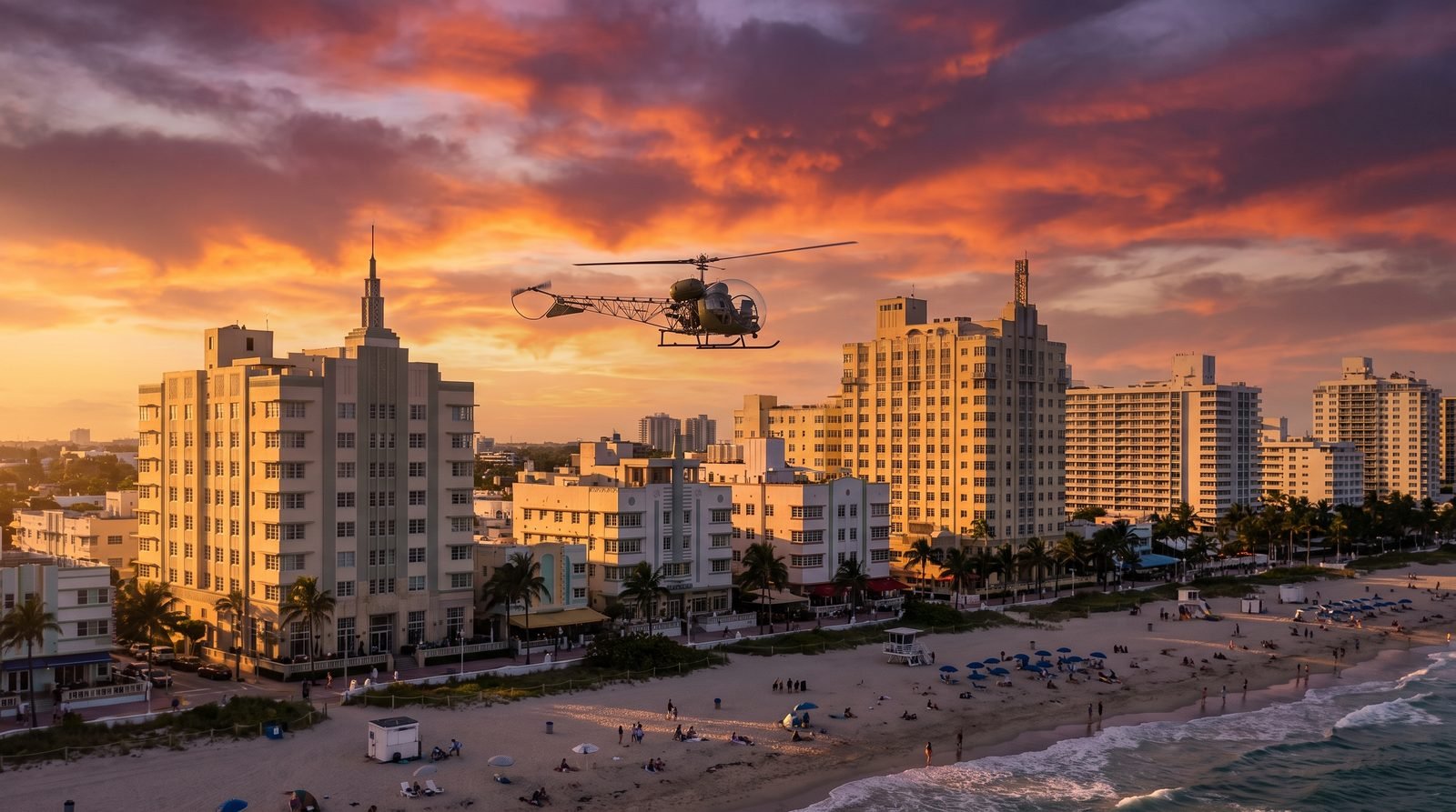 Helicóptero sobrevolando una ciudad costera al atardecer