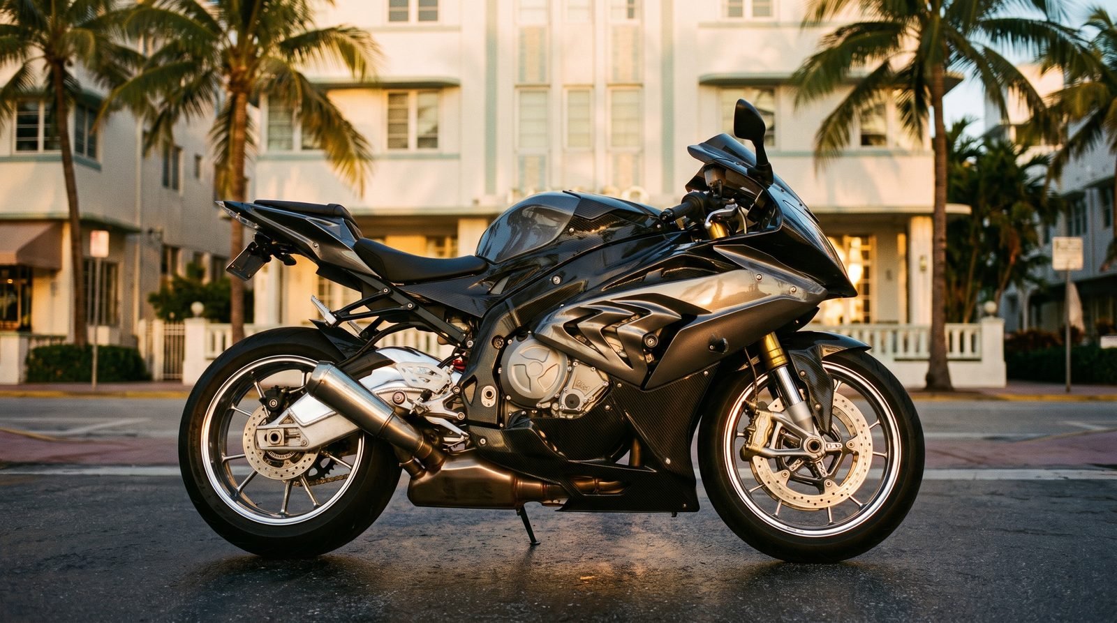 Motocicleta deportiva aparcada frente a un edificio art-decó